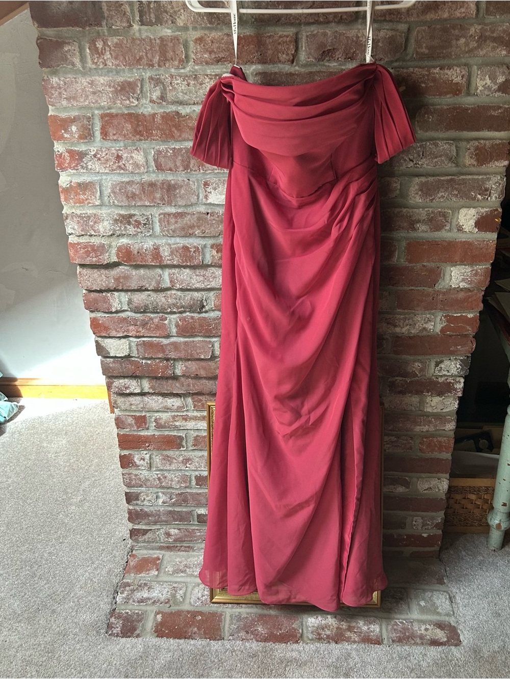 JJs House Raspberry Off-Shoulder Maxi Gown